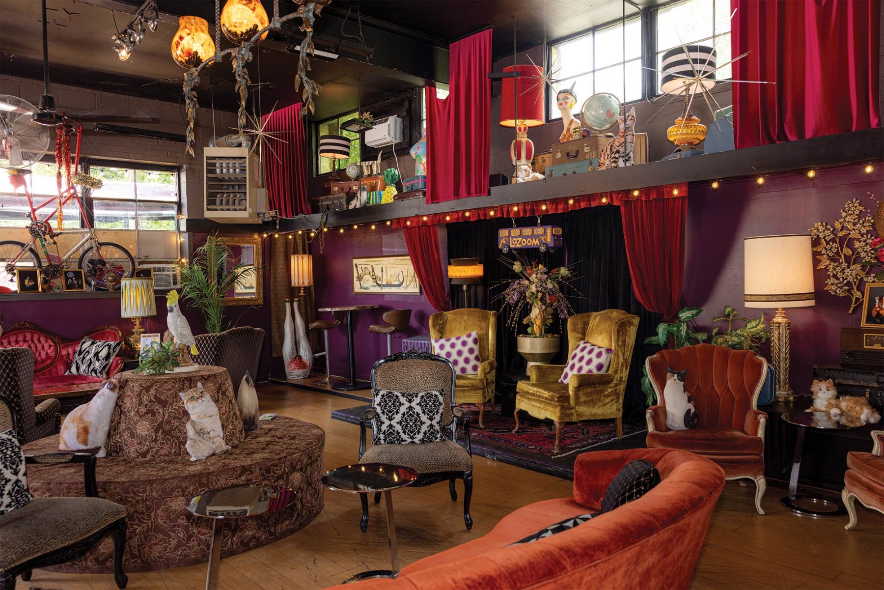 Photo of the Lazoom Room, an intricately designed space with mis-matched decor, cat pillows, and eclectic furniture made of velvet and patterned textiles